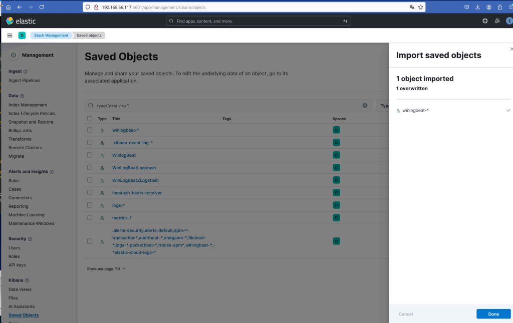 Kibana Saved Objects mit Importübersicht