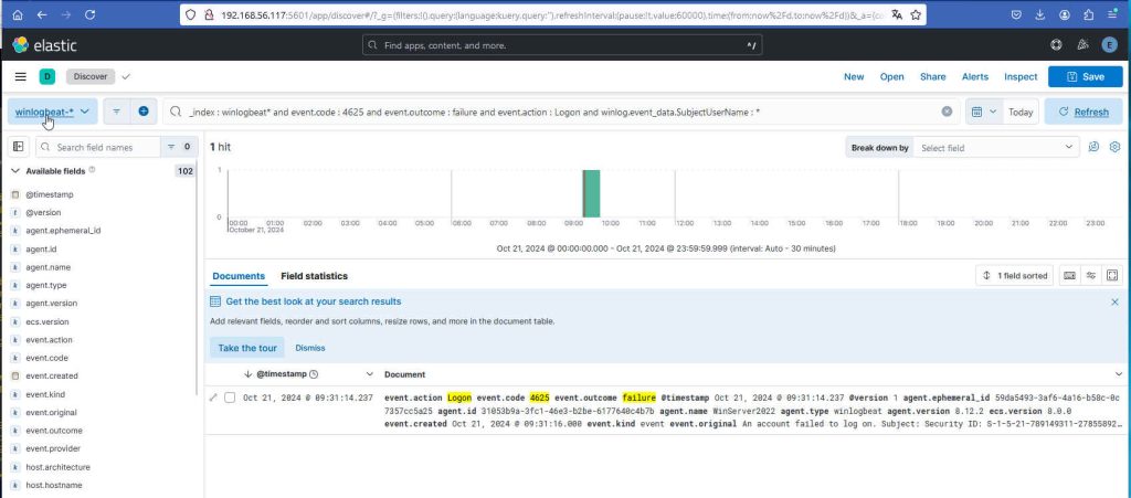 Kibana Discover mit fehlgeschlagenem Logon
