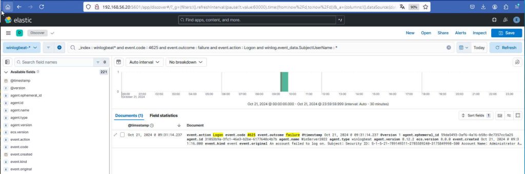 Kibana Discover mit fehlgeschlagenem Logon-Ereignis