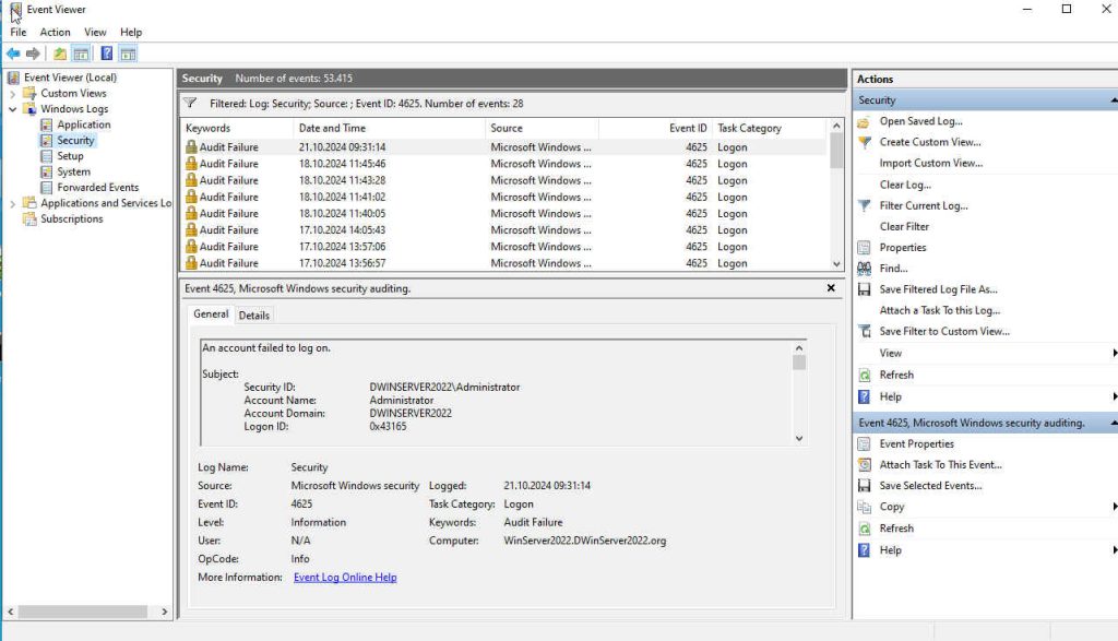 Windows Ereignisanzeige mit Logon-Fehlern