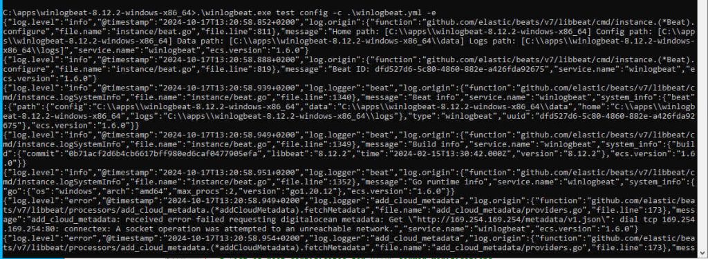 Konsolenausgabe eines Winlogbeat-Konfigurationstests